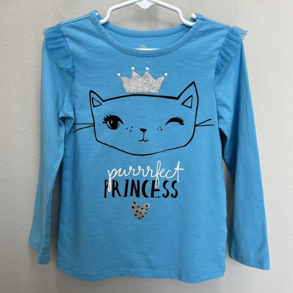 Okie Dokie | Blue Sparkle Purrrfect Princess Kitty Cat Long Sleeve Top Girl 4 - Picture 2 of 7
